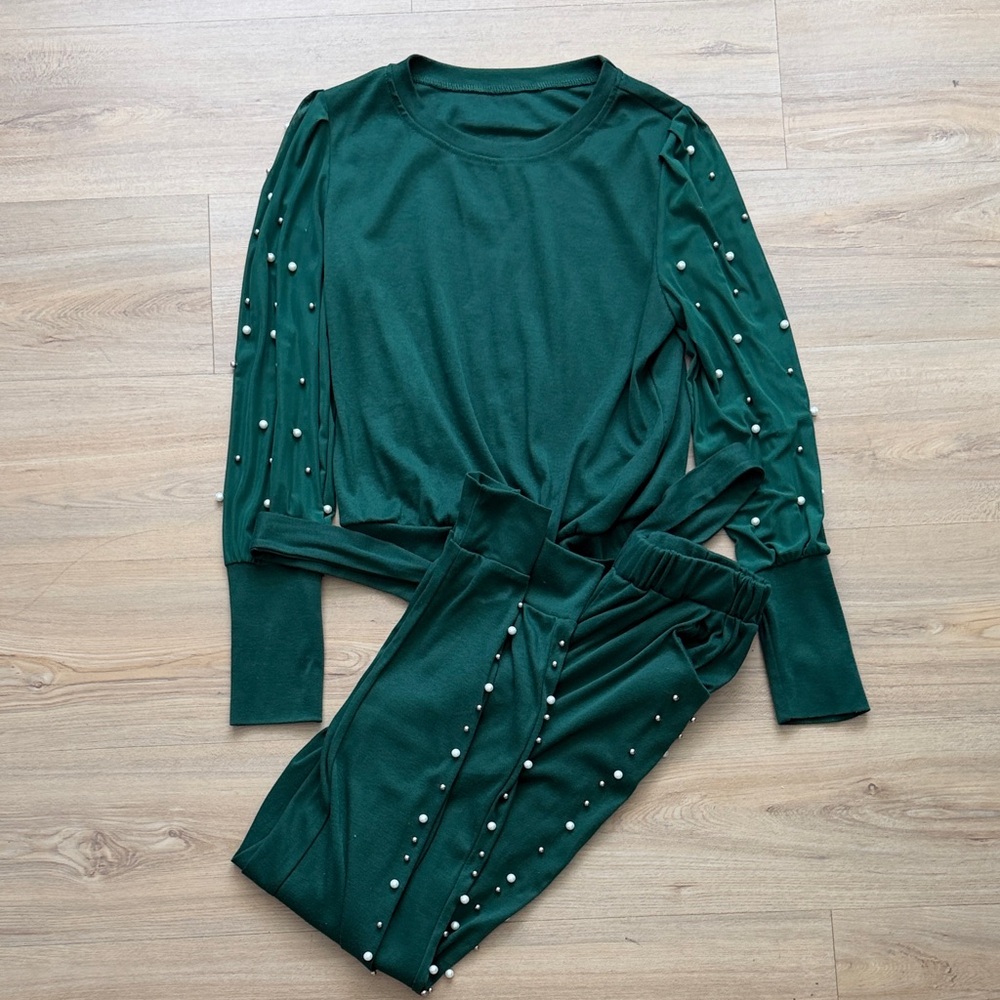 SHEIN Dark Green Pearl-Trim Knit Track Jumpsuit